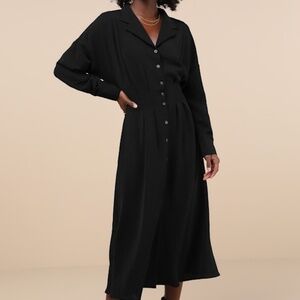 Lulus Timeless Class Black Collared Button-up Pleated Midi Dress - Size M